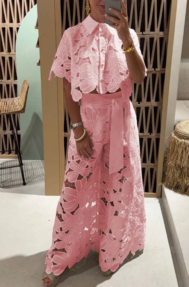 Crochet Floral Lace Button-down shirts & wide leg pant set Chic & Elegant
