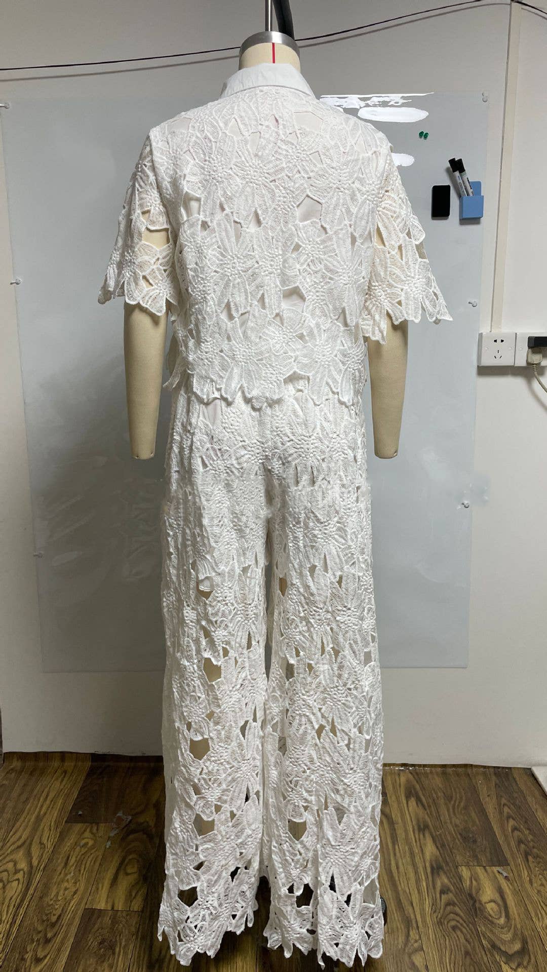 Crochet Floral Lace Button-down shirts & wide leg pant set Chic & Elegant