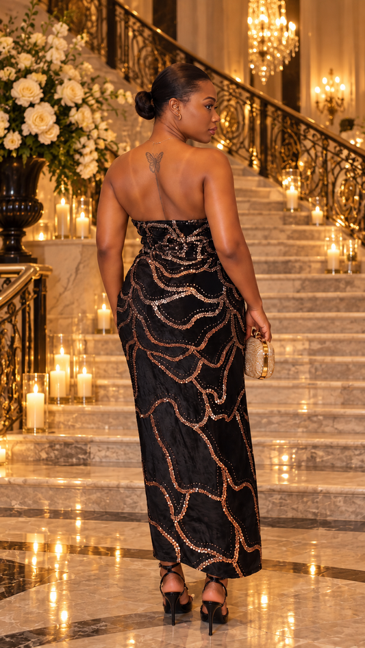 Royal Beaded Strapless Maxi Gown