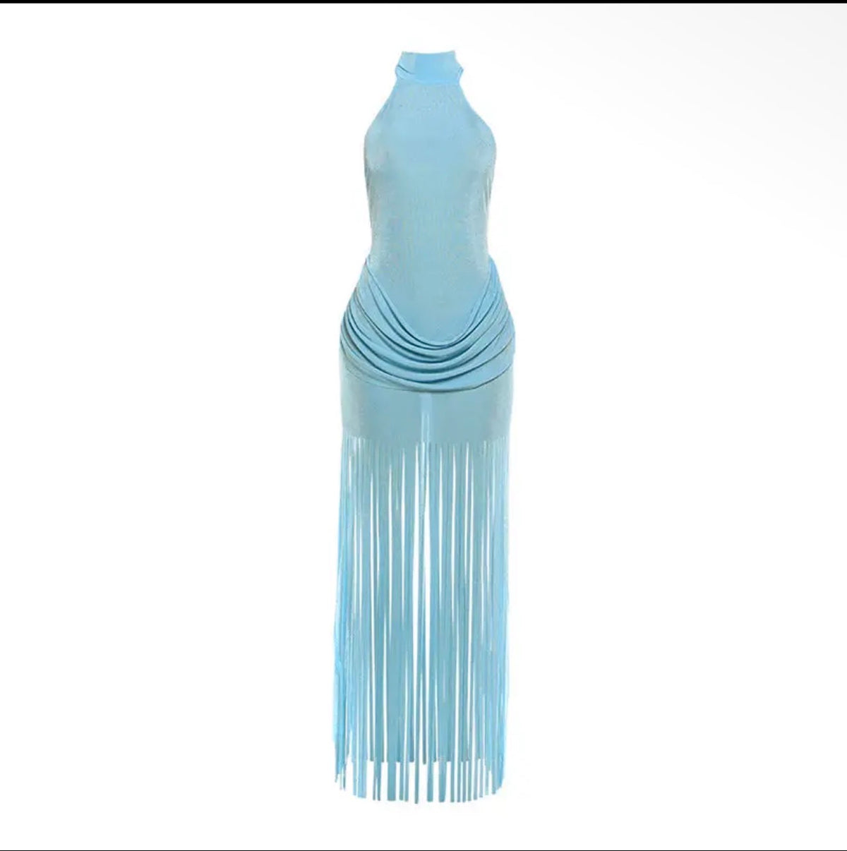 Halter Neck Ruched Fringe Maxi Dress