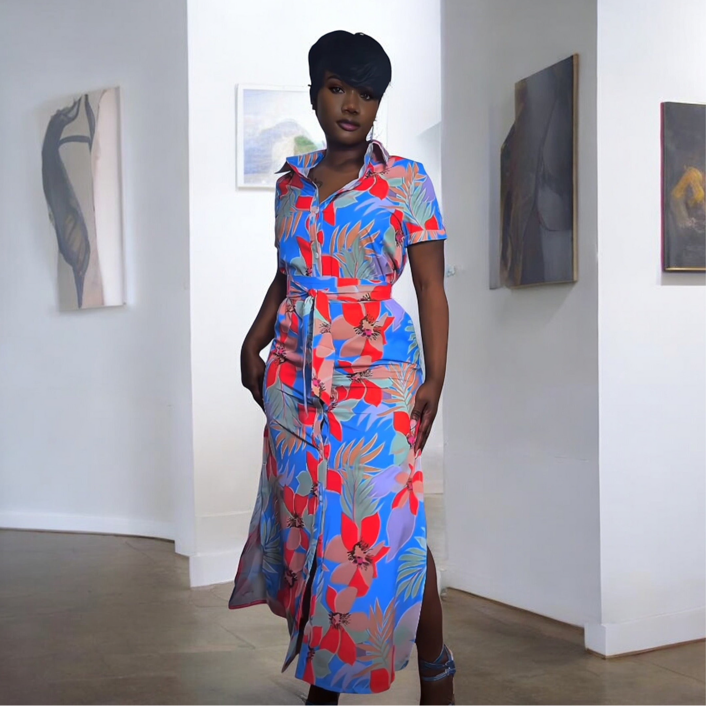 Island Baddie Slit Maxi Dress- Tropical Print