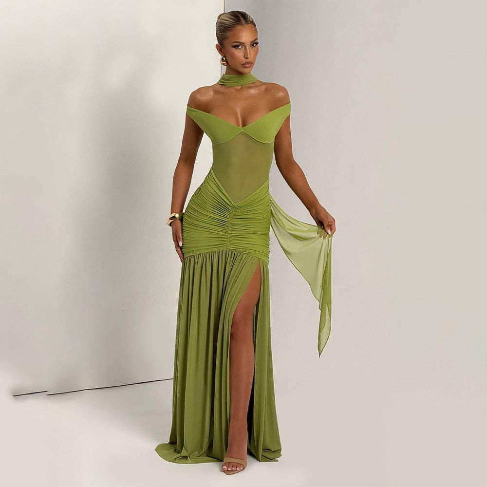 Chic Sexy Backless Mesh Maxi Dress: Green