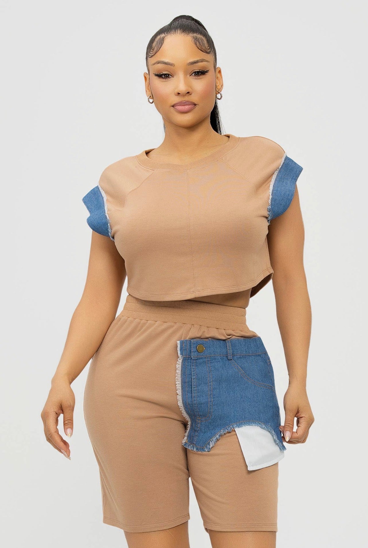Denim Patch Crop Top & Biker Shorts Set -