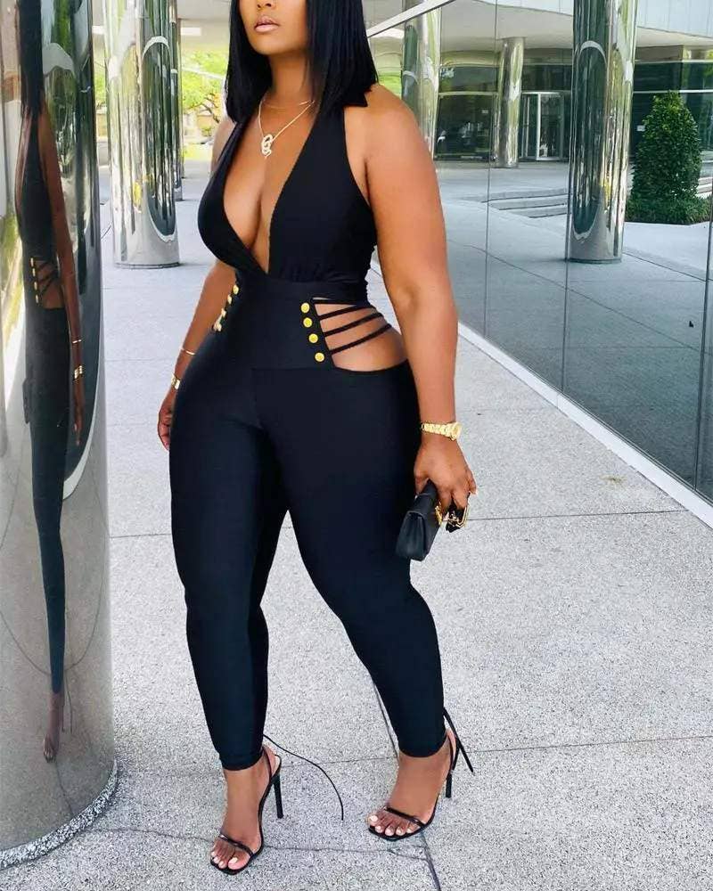 Deep V Cutout Jumpsuit - Sexy Sleeveless Bodycon