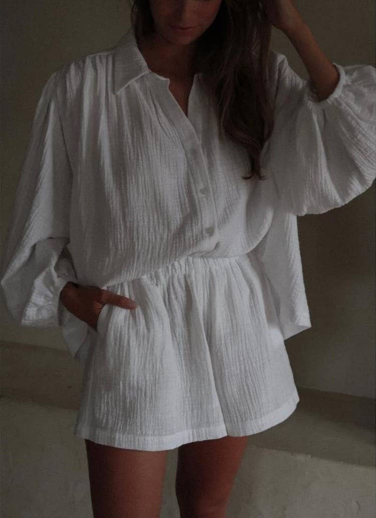 Minimalism Textured cozy oversized shirt & shorts resort set