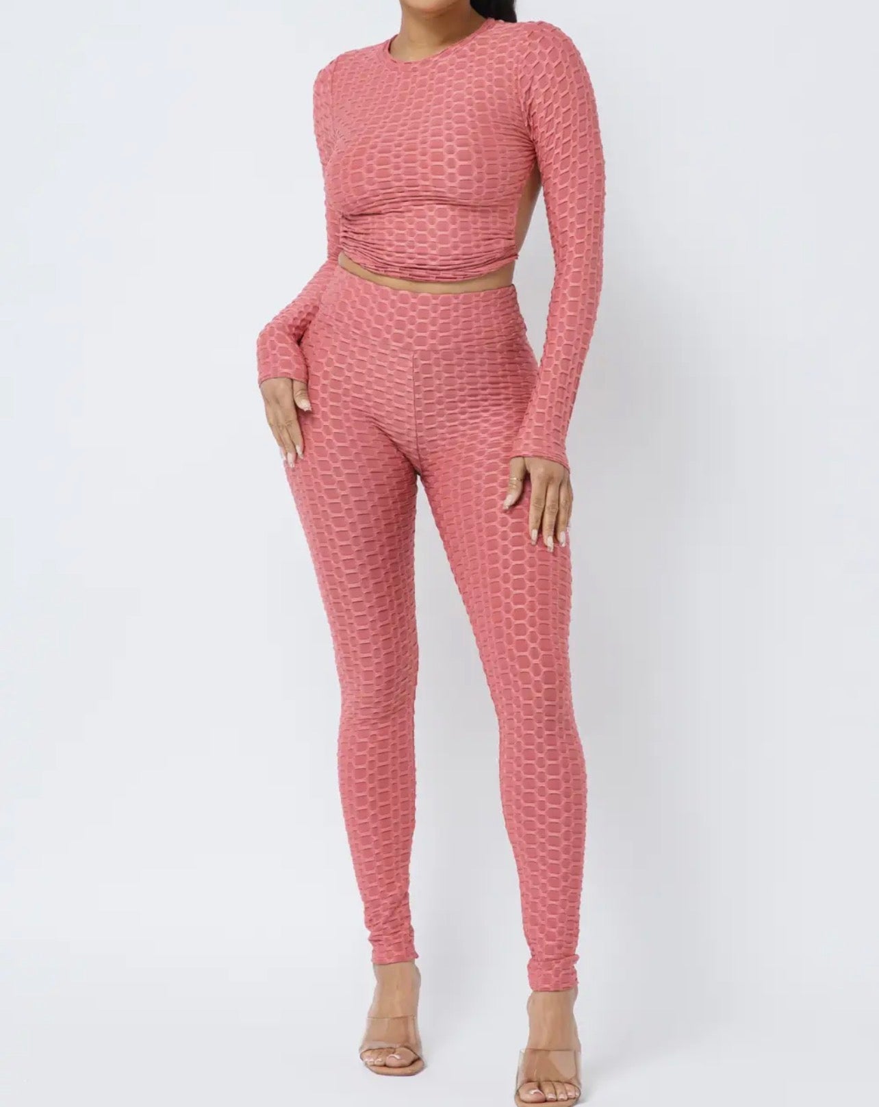 Women’s Textured Long Sleeve Crop Top & Leggings Set