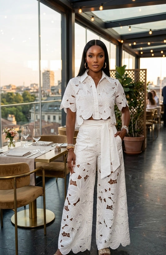 Crochet Floral Lace Button-down shirts & wide leg pant set Chic & Elegant