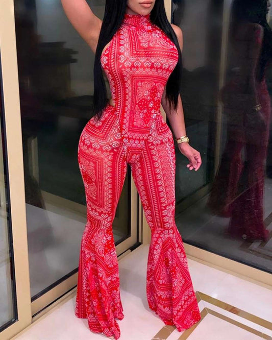 Sexy Sleeveless Flare BodySuit Bandanna Print