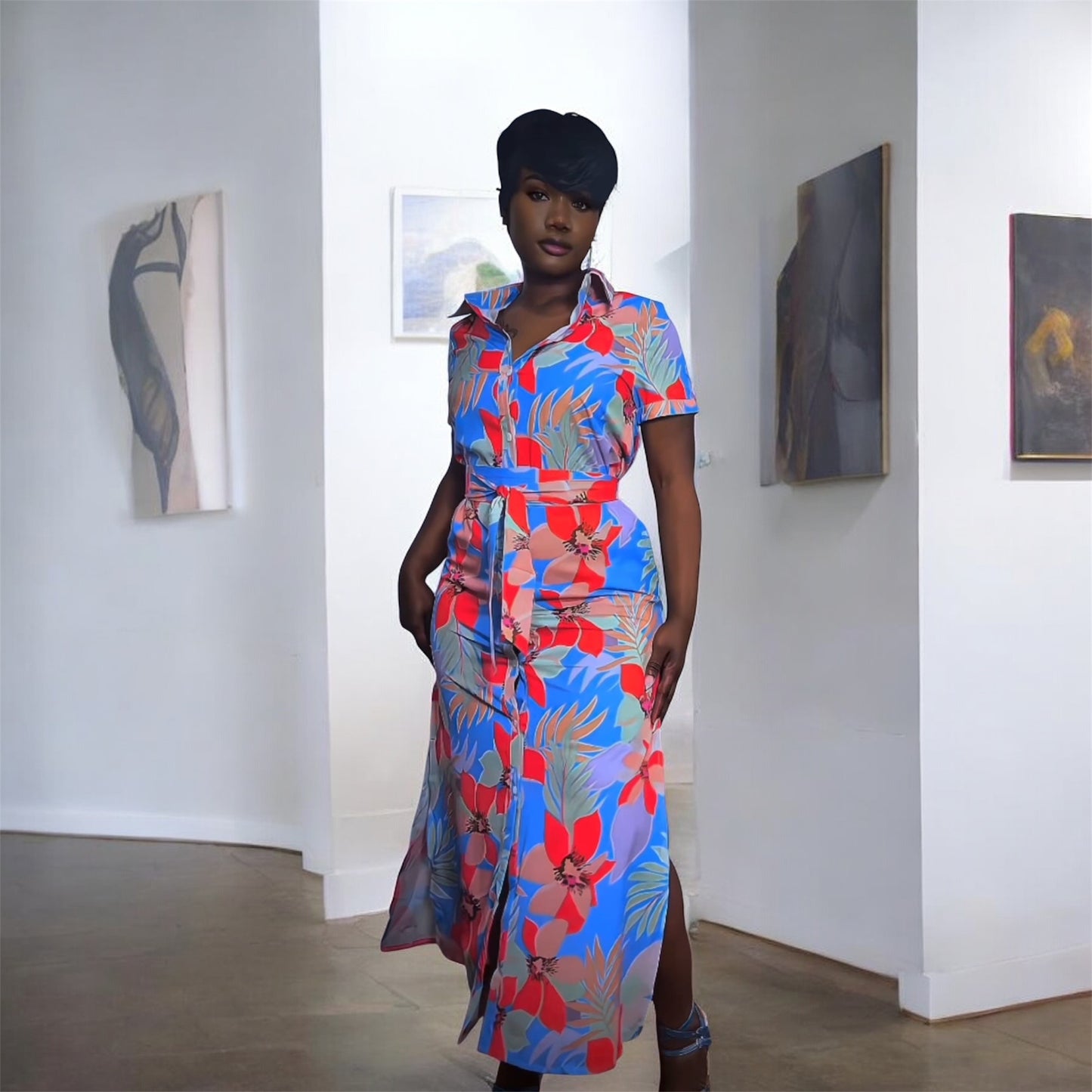 Island Baddie Slit Maxi Dress- Tropical Print