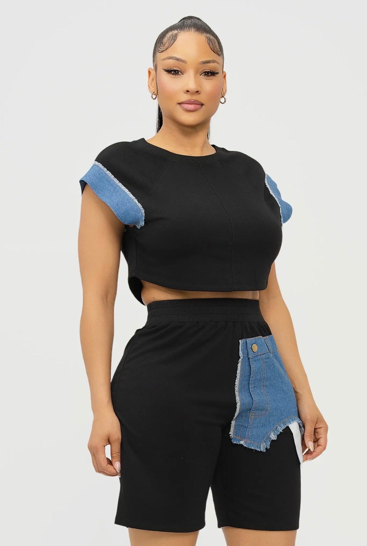 Denim Patch Crop Top & Biker Shorts Set -