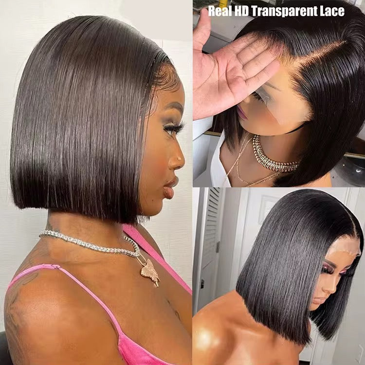 Luxury Blunt Cut Bob Wig-100% Human Hair, 13x4 Lace Front 12 inches