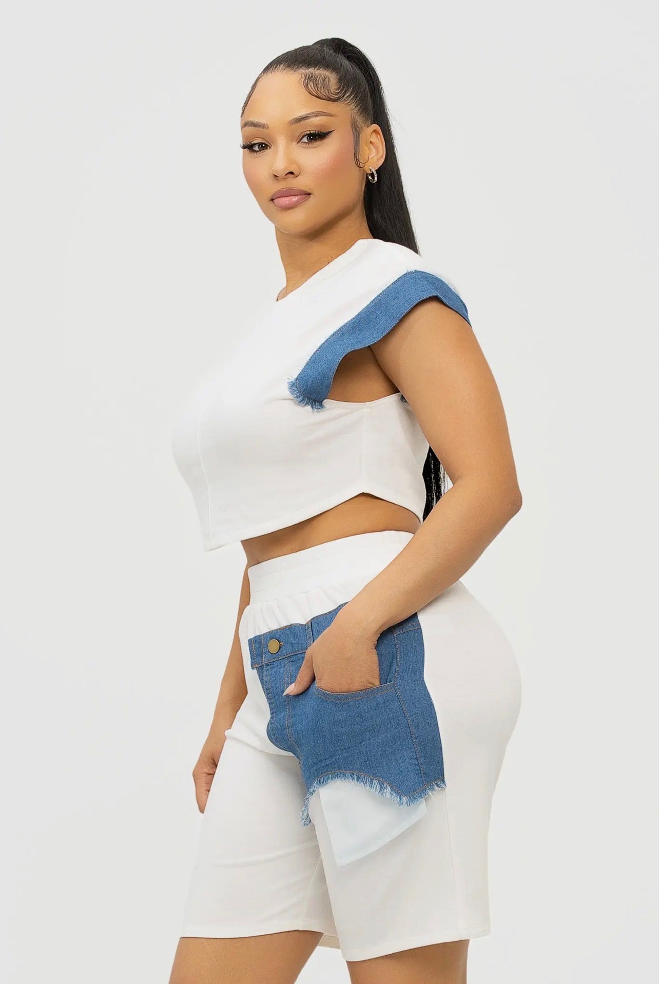 Denim Patch Crop Top & Biker Shorts Set -