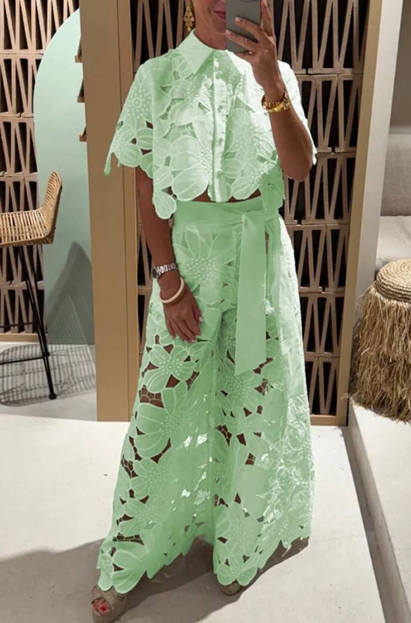 Crochet Floral Lace Button-down shirts & wide leg pant set Chic & Elegant