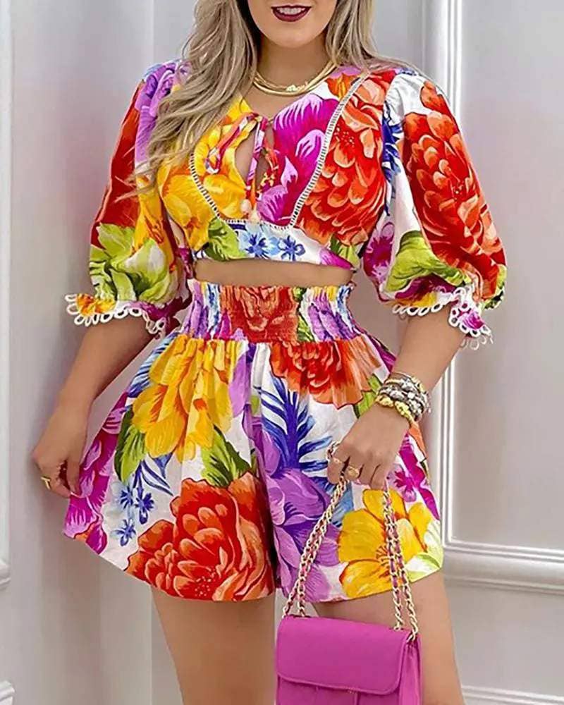 Floral print two-pieces Crop Top & High-Waist Shorts