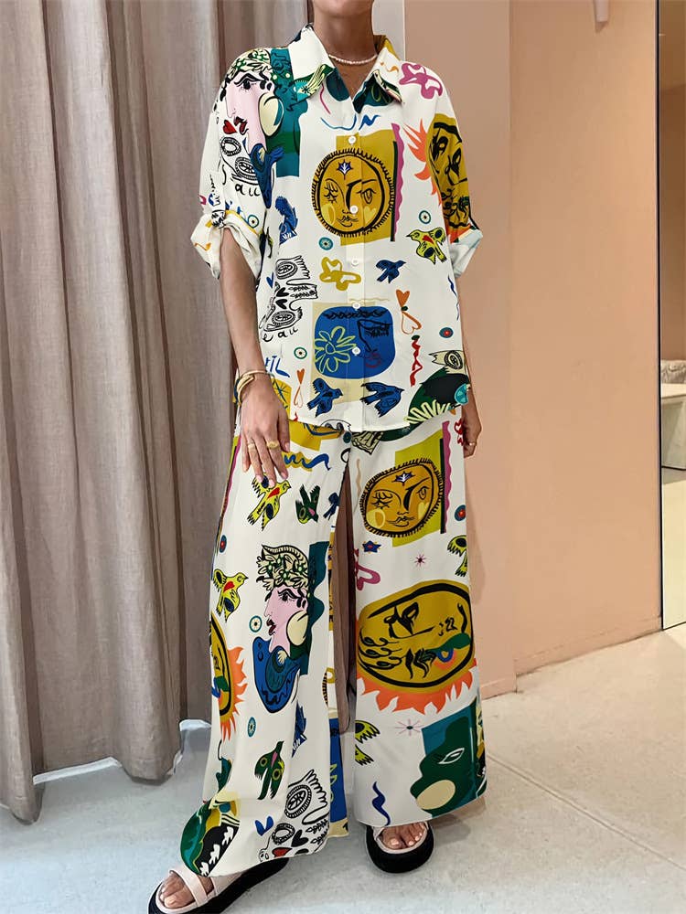Graffiti Print Shirt Wide-Leg Trousers Set