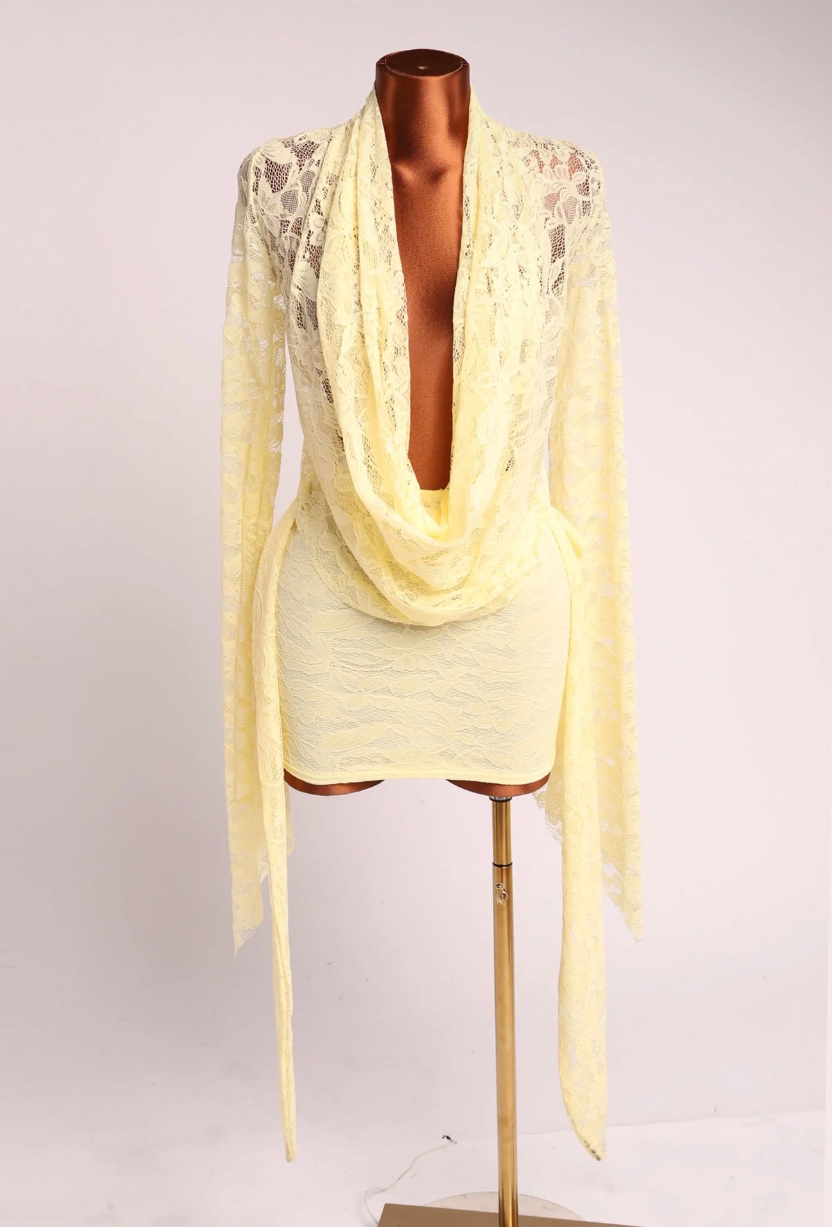 Elegant Floral Lace Draped Mini Dress Long Sleeve
