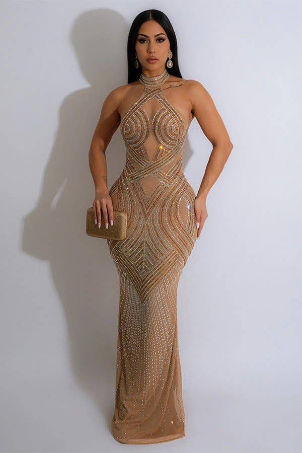 Celeste Crystal Halter Maxi Gown