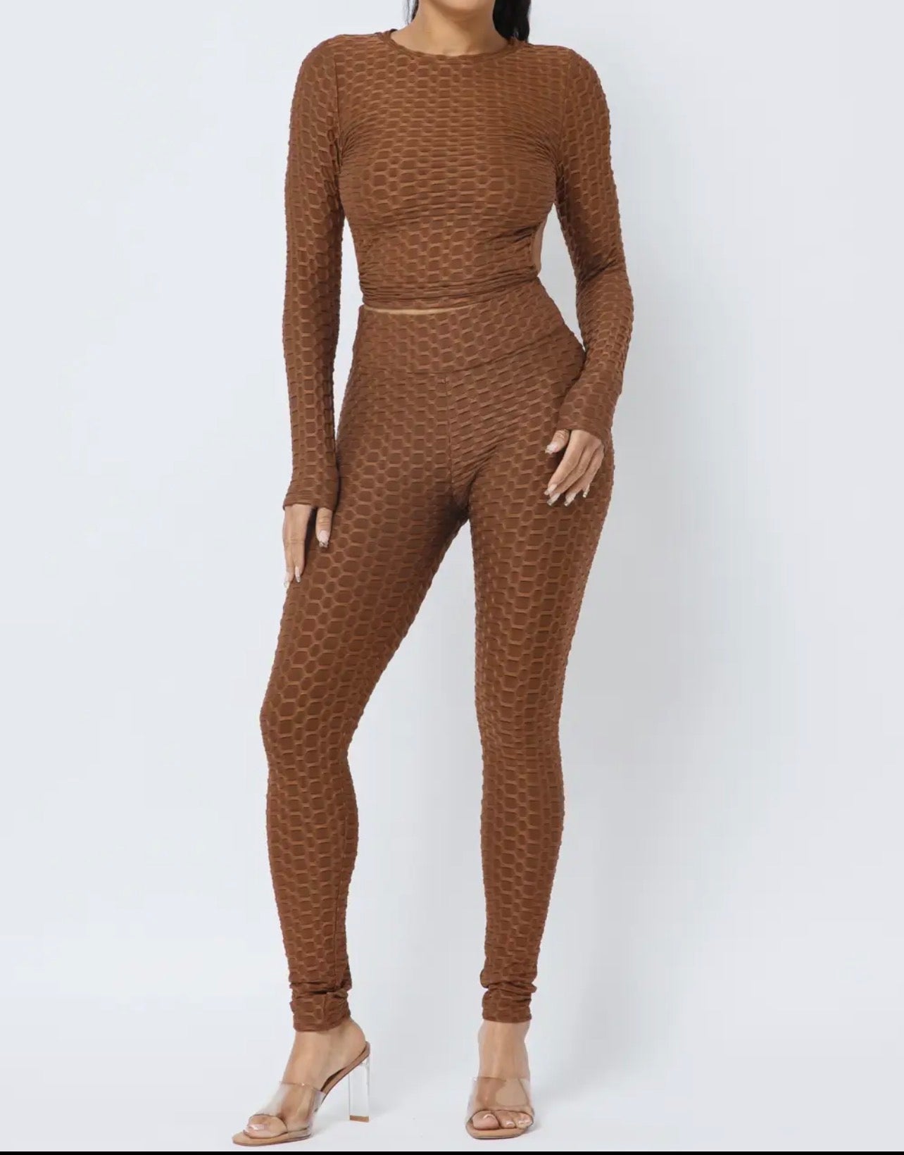 Women’s Textured Long Sleeve Crop Top & Leggings Set