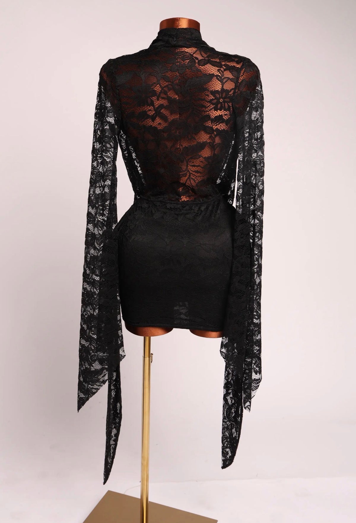 Elegant Floral Lace Draped Mini Dress Long Sleeve