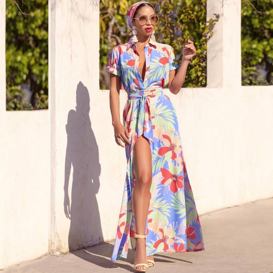 Island Baddie Slit Maxi Dress- Tropical Print