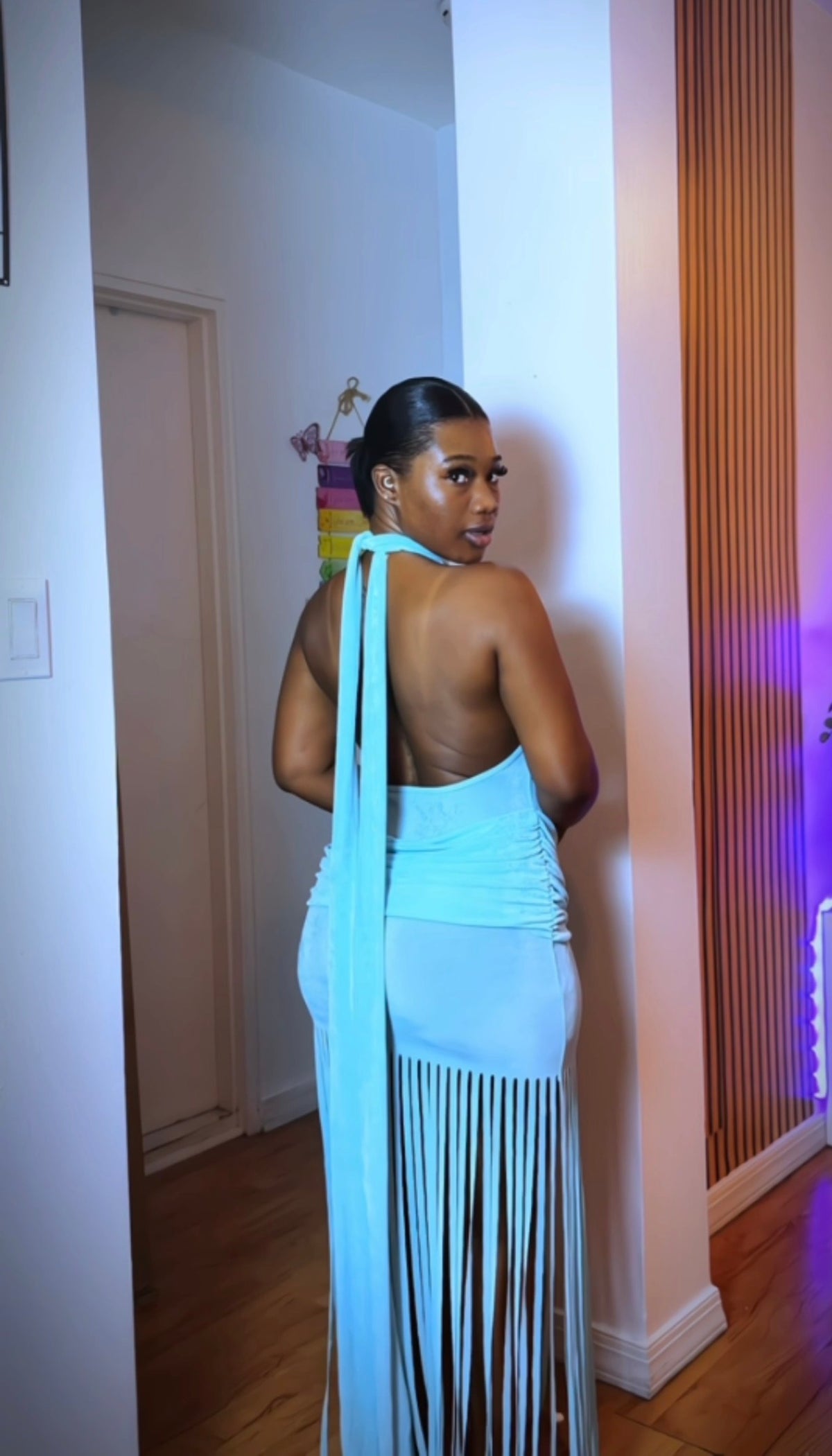 Halter Neck Ruched Fringe Maxi Dress