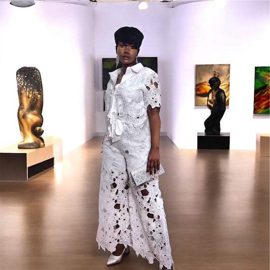 Crochet Floral Lace Button-down shirts & wide leg pant set Chic & Elegant