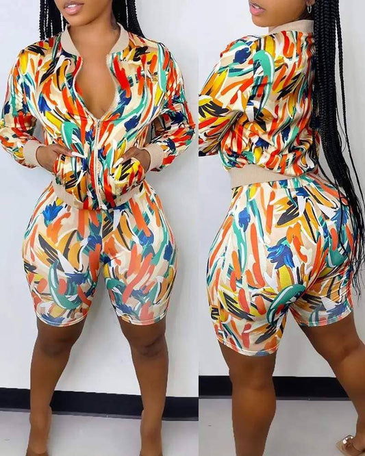 Color Splash Two-piece Set - Bomber Jacket & Biker Short