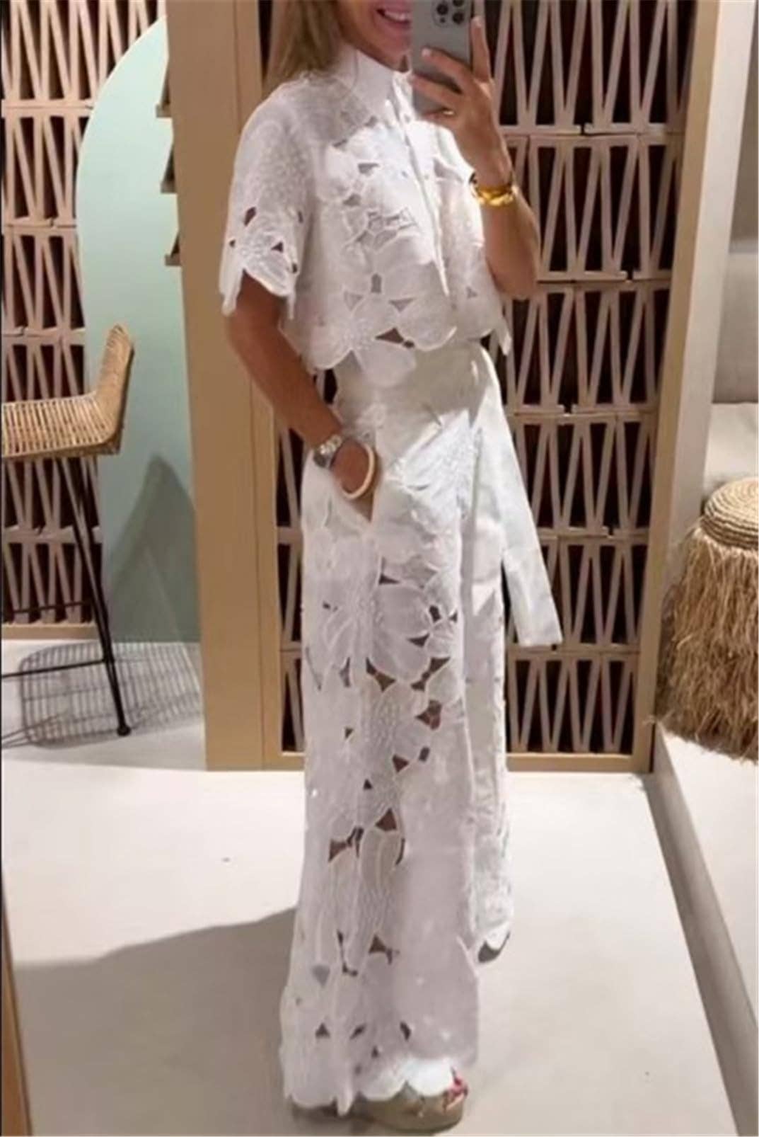 Crochet Floral Lace Button-down shirts & wide leg pant set Chic & Elegant