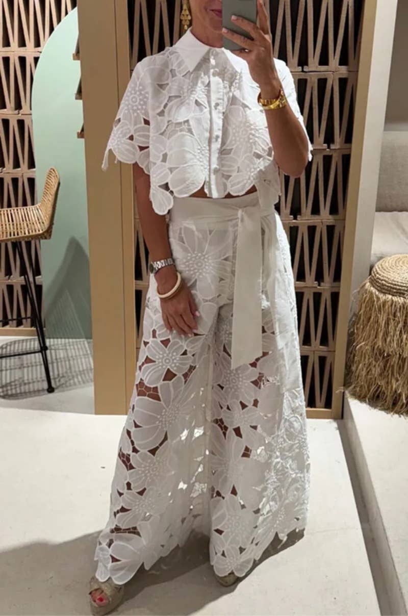 Crochet Floral Lace Button-down shirts & wide leg pant set Chic & Elegant