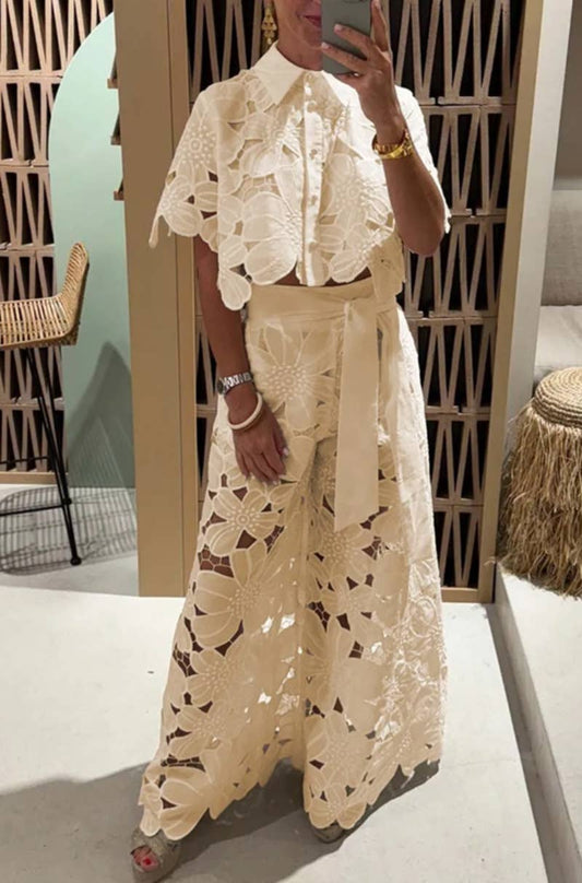 Crochet Floral Lace Button-down shirts & wide leg pant set Chic & Elegant