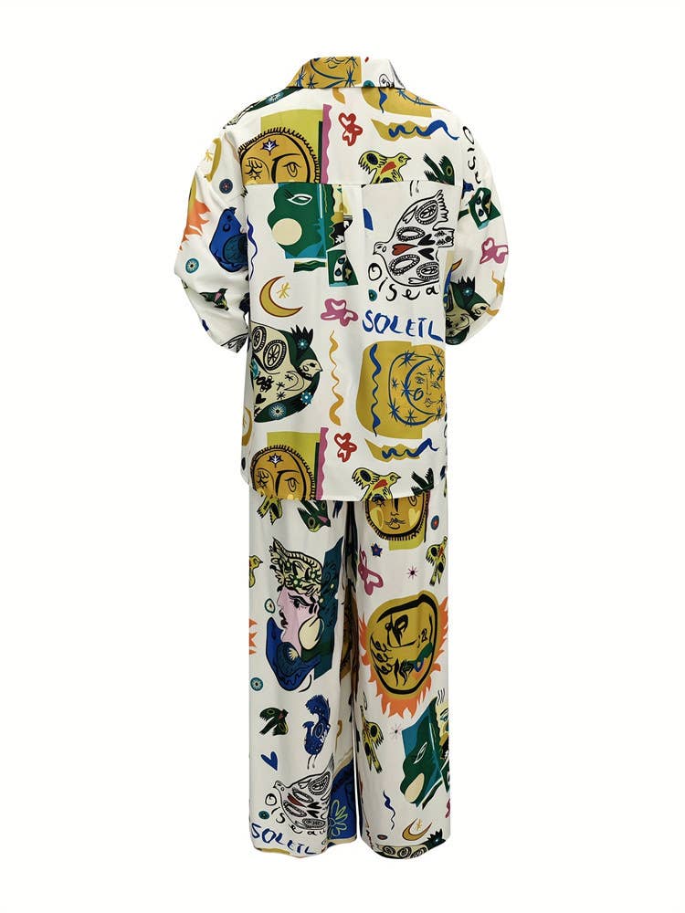 Graffiti Print Shirt Wide-Leg Trousers Set