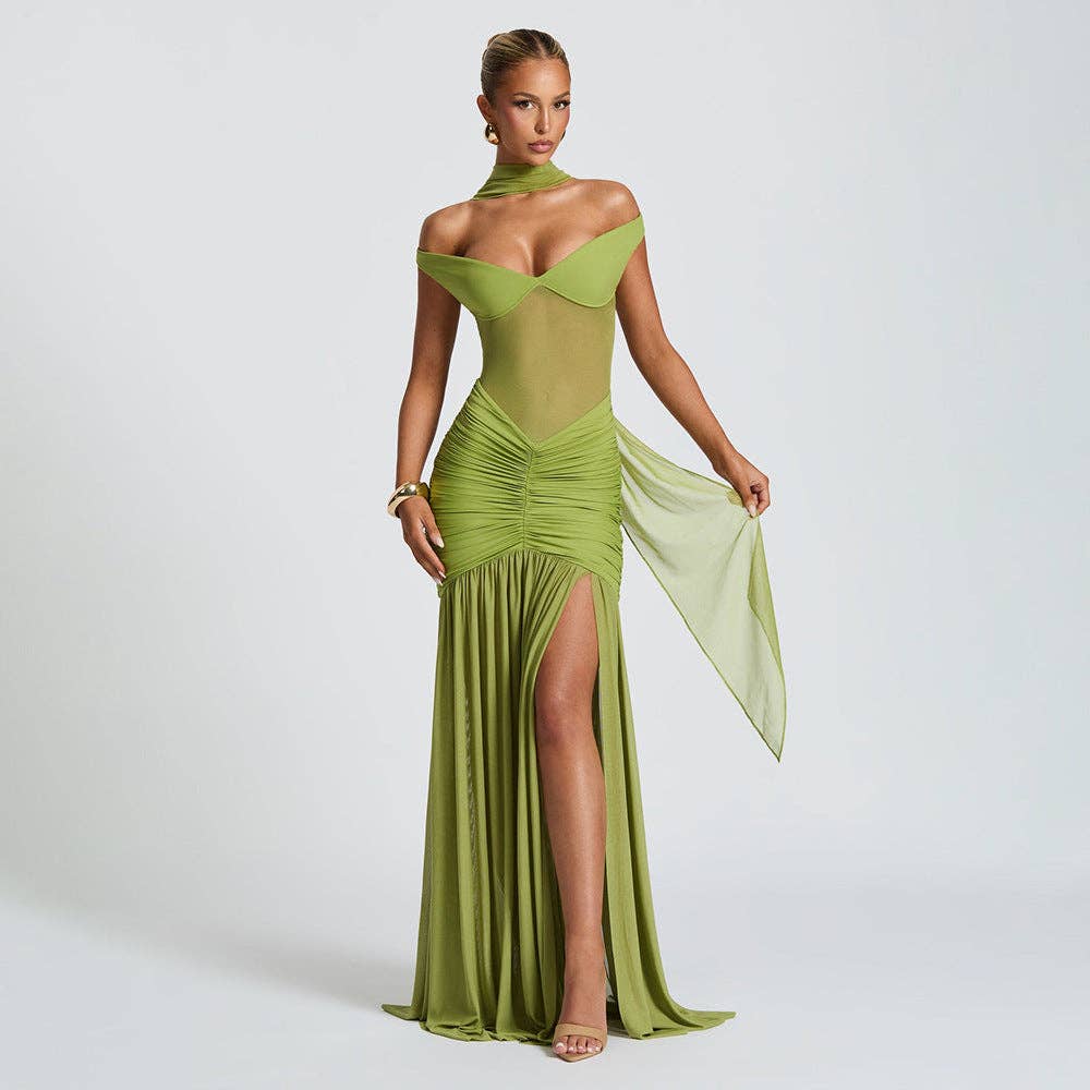 Chic Sexy Backless Mesh Maxi Dress: Green