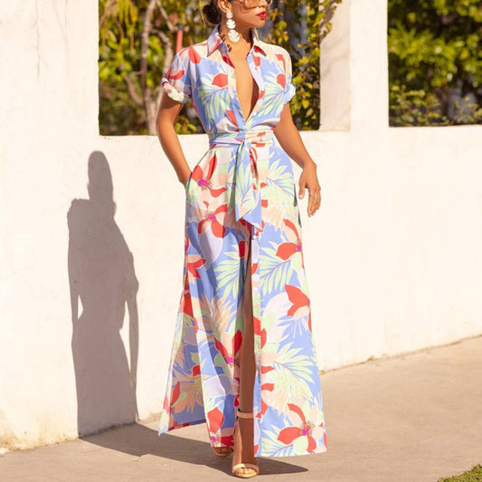 Island Baddie Slit Maxi Dress- Tropical Print