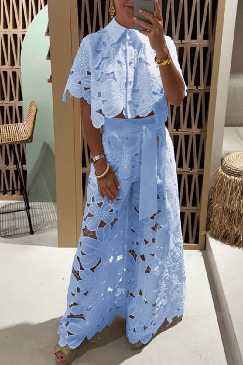Crochet Floral Lace Button-down shirts & wide leg pant set Chic & Elegant