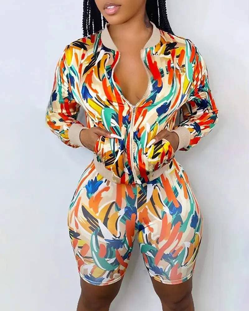 Color Splash Two-piece Set - Bomber Jacket & Biker Short
