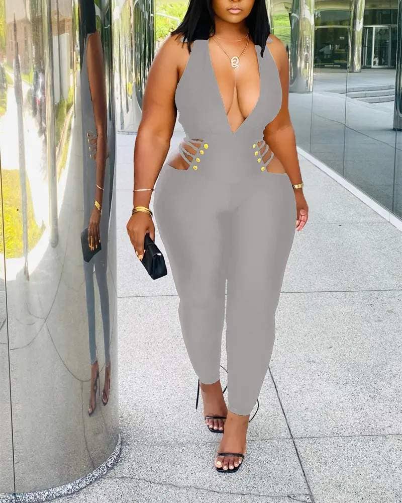 Deep V Cutout Jumpsuit - Sexy Sleeveless Bodycon