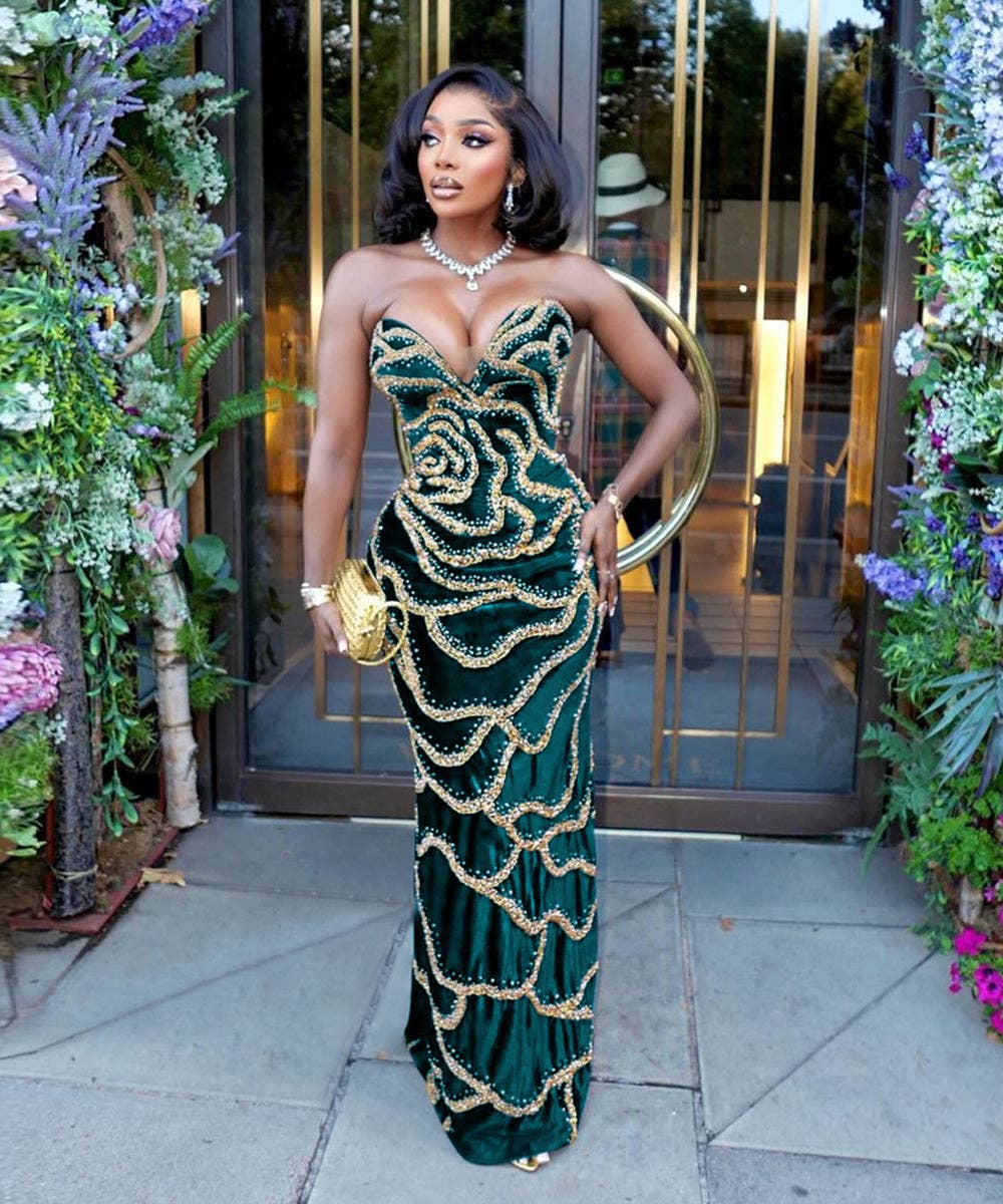 Royal Beaded Strapless Maxi Gown