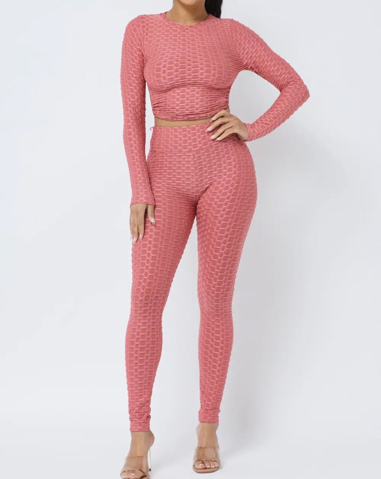Women’s Textured Long Sleeve Crop Top & Leggings Set