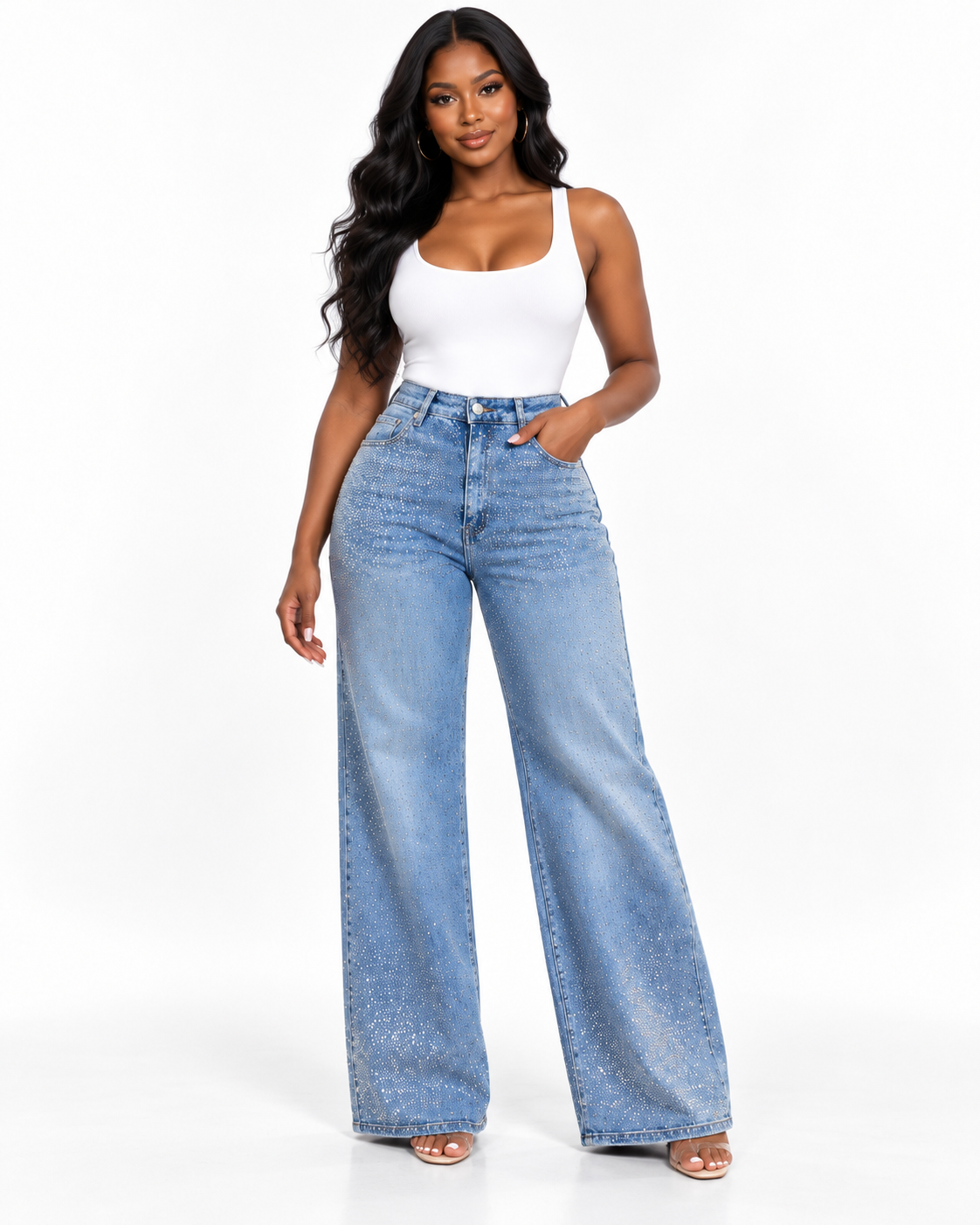 Rhinestone Wide-Leg Jeans | Light Blue