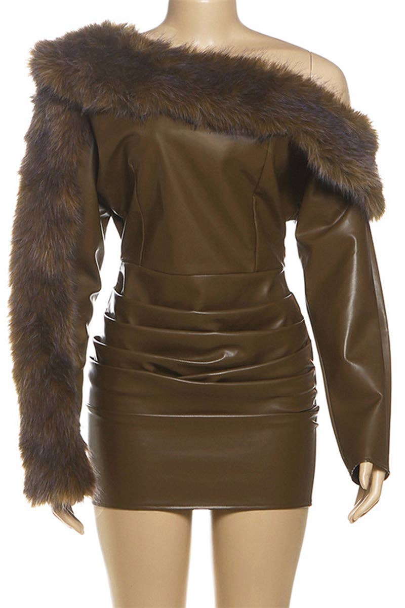 Off-Shoulder Faux Leather Fur Trim Mini Dress
