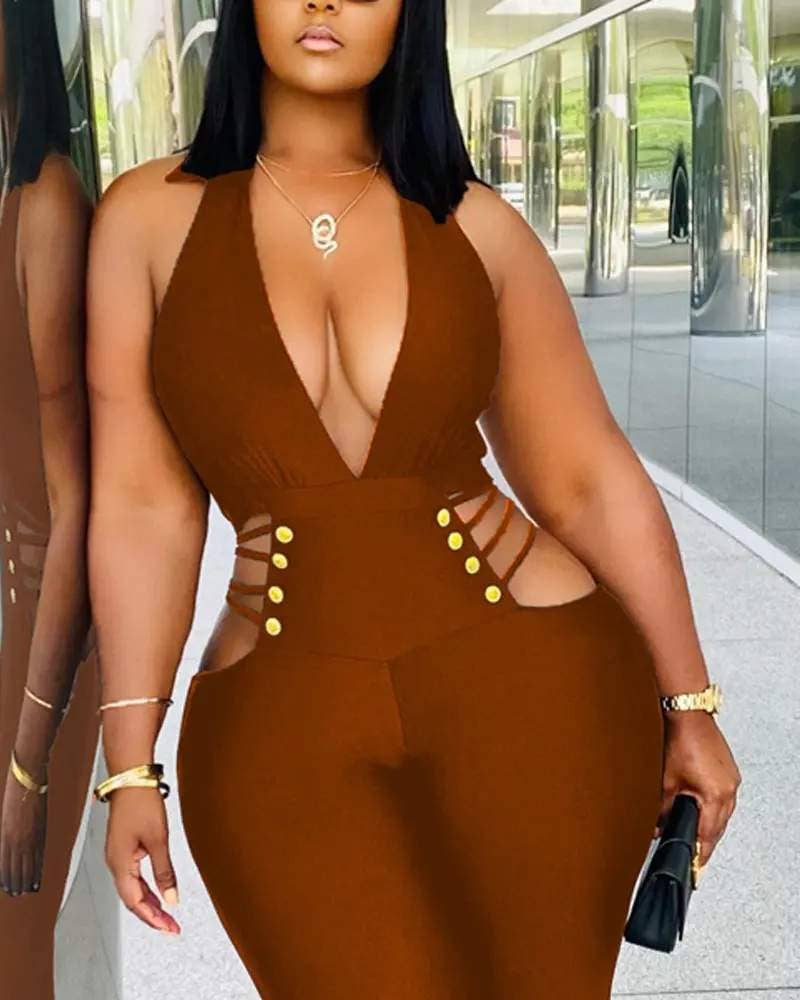 Deep V Cutout Jumpsuit - Sexy Sleeveless Bodycon