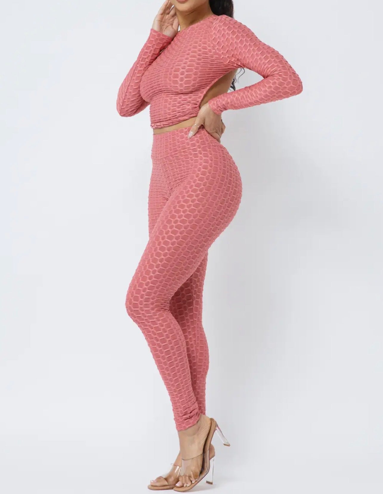 Women’s Textured Long Sleeve Crop Top & Leggings Set