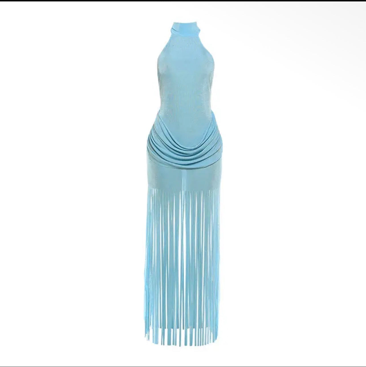 Halter Neck Ruched Fringe Maxi Dress