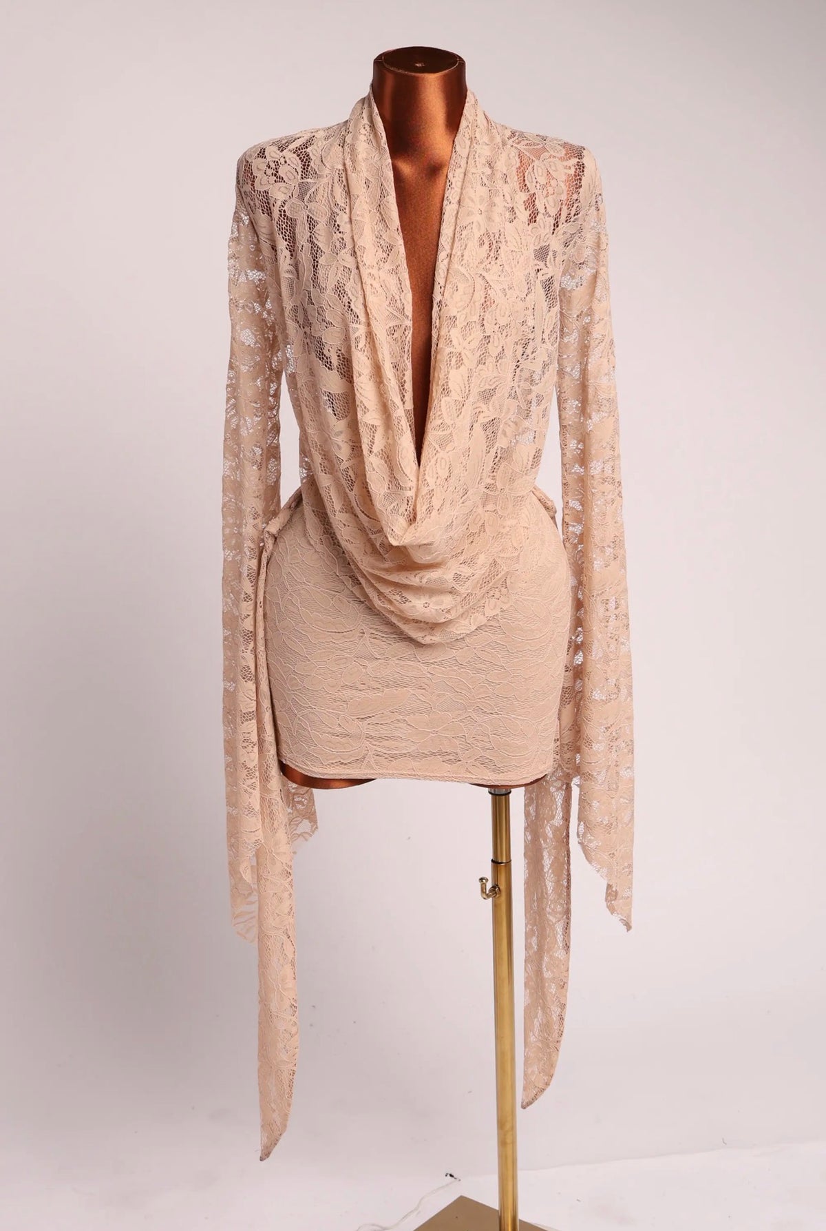Elegant Floral Lace Draped Mini Dress Long Sleeve