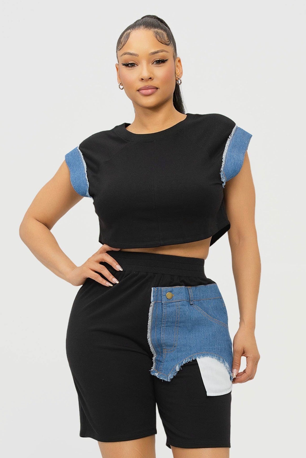 Denim Patch Crop Top & Biker Shorts Set -