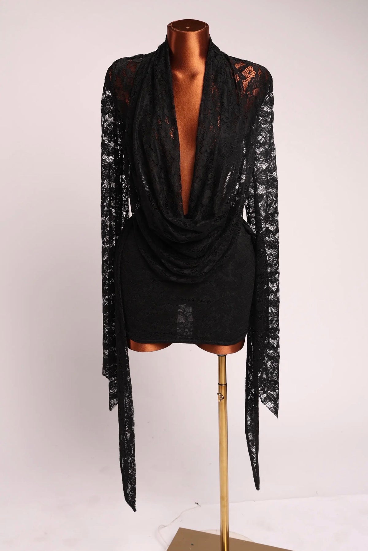 Elegant Floral Lace Draped Mini Dress Long Sleeve