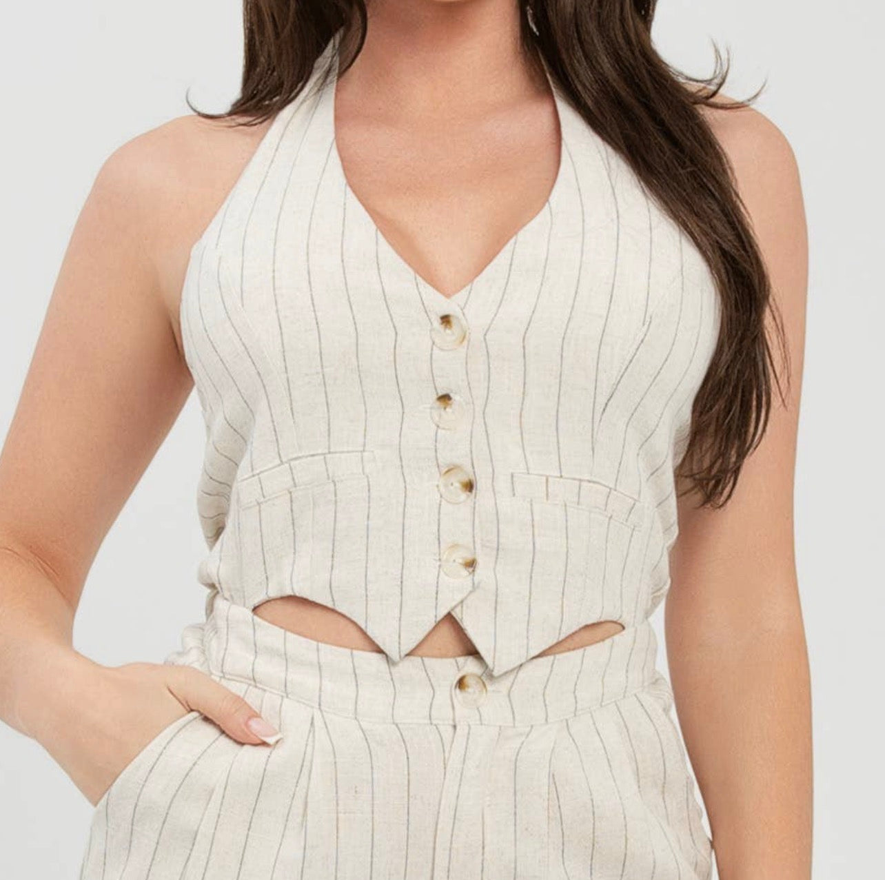 Linen Stripe Halter Vest & Shorts Set