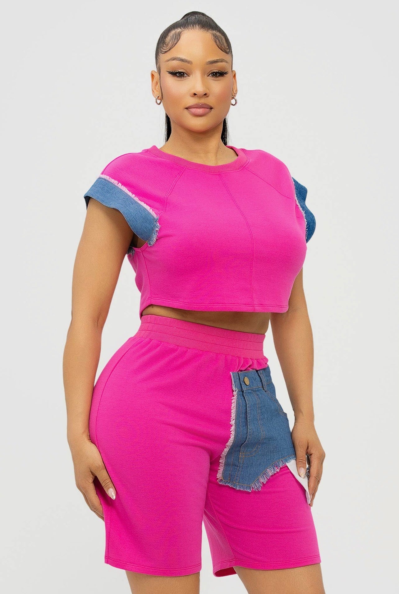 Denim Patch Crop Top & Biker Shorts Set -