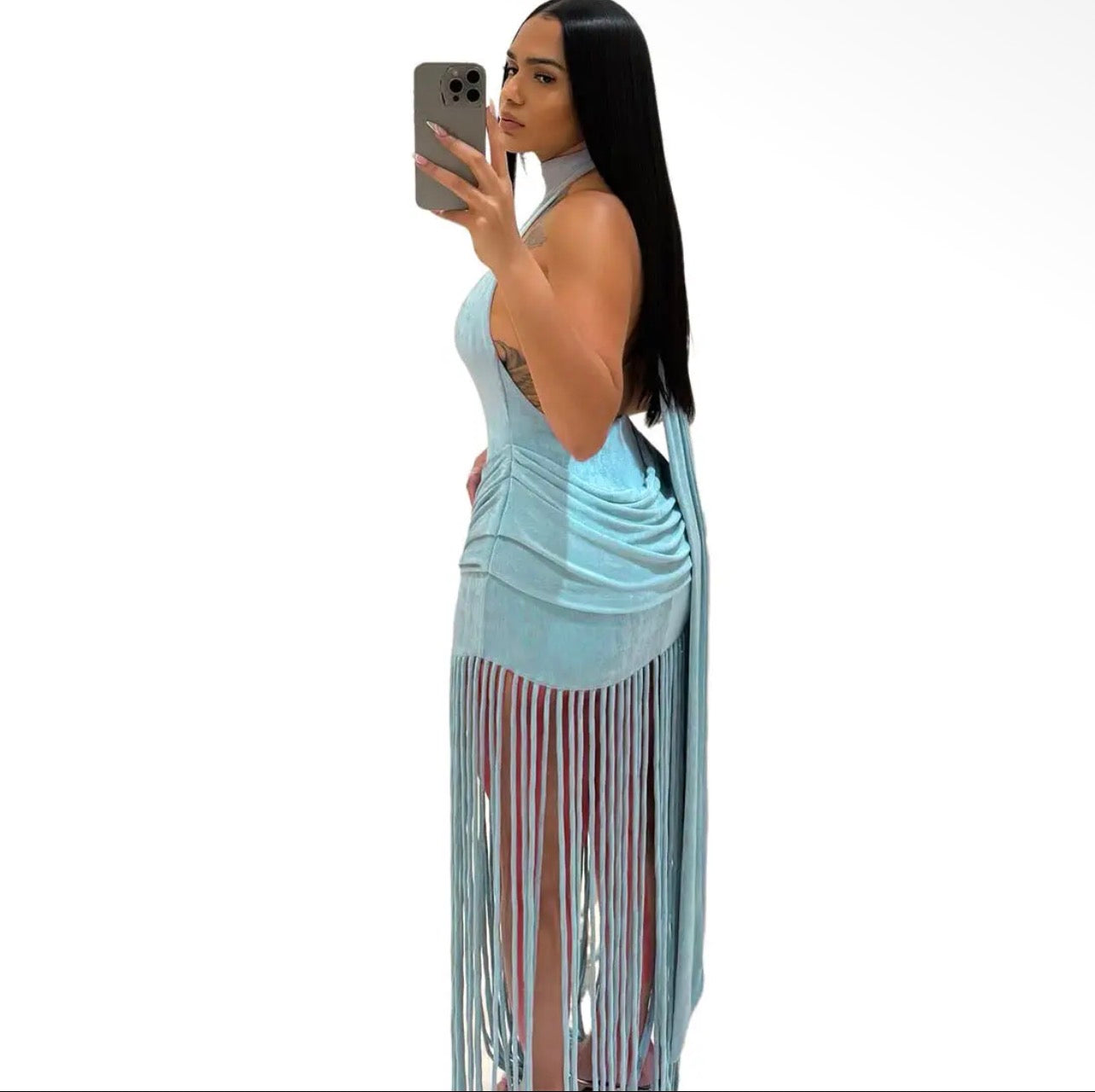 Halter Neck Ruched Fringe Maxi Dress