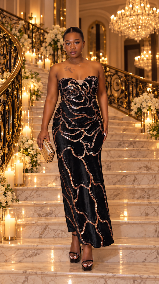 Royal Beaded Strapless Maxi Gown